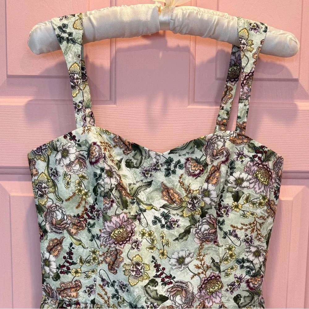 💗Aqua Blu Floral Silk Blend Lotus Drop Waist Maxi Dress Sundress Small - Picture 3 of 14